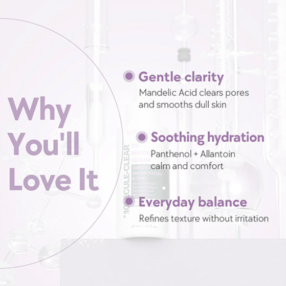 Molecule-Clear 5% Mandelic Acid Serum - Targeted Uneven Texture & Tone Level 3 by Nine less