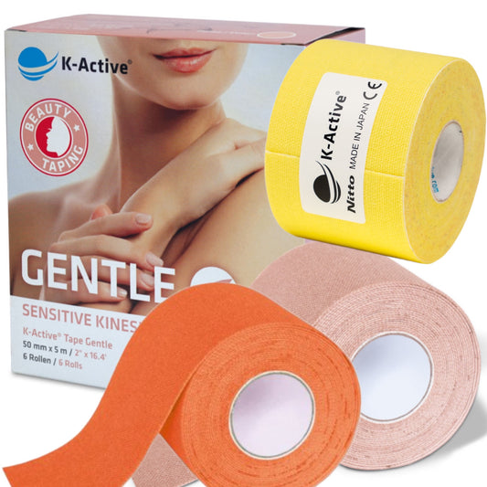 Kinesiology tapes K-Active Gentle with soft adhesive for sensitive skin by Nitto (Japan)