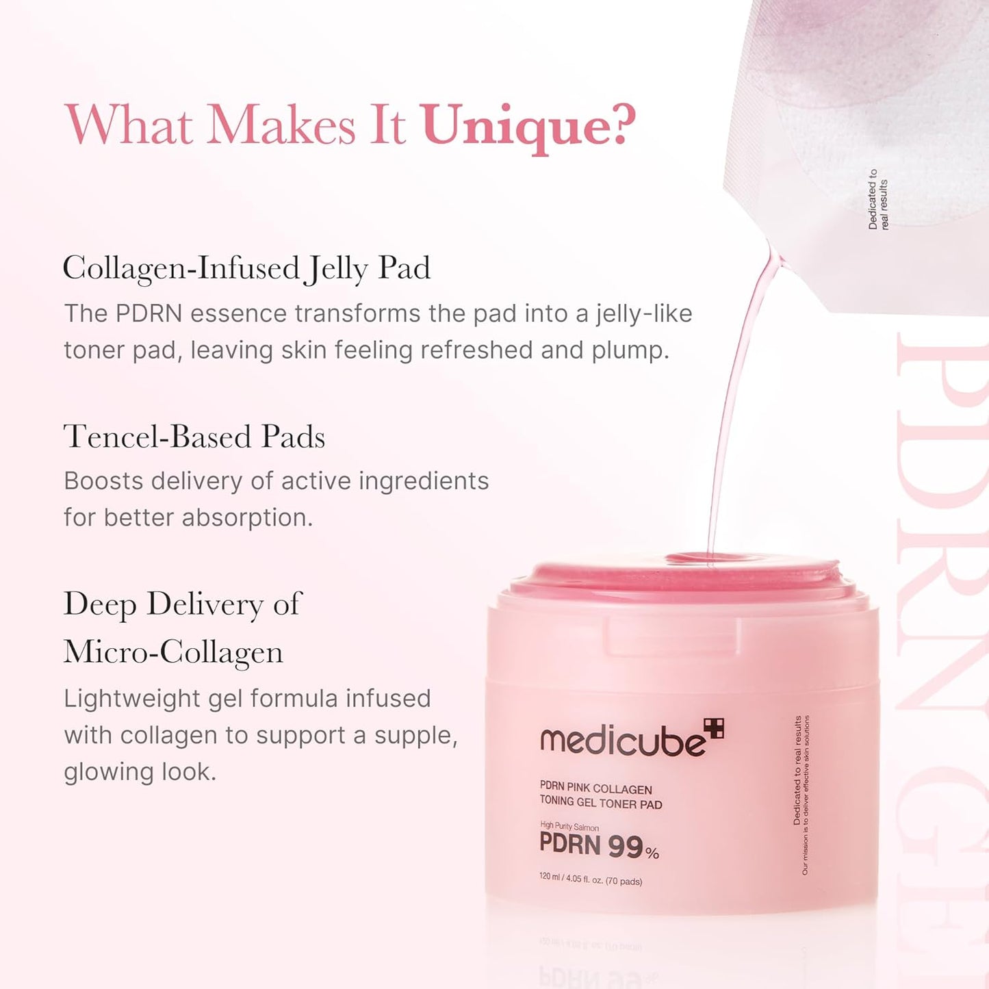 Texture of Medicube PDRN collagen toner pads with hydrating gel essence and pink formula